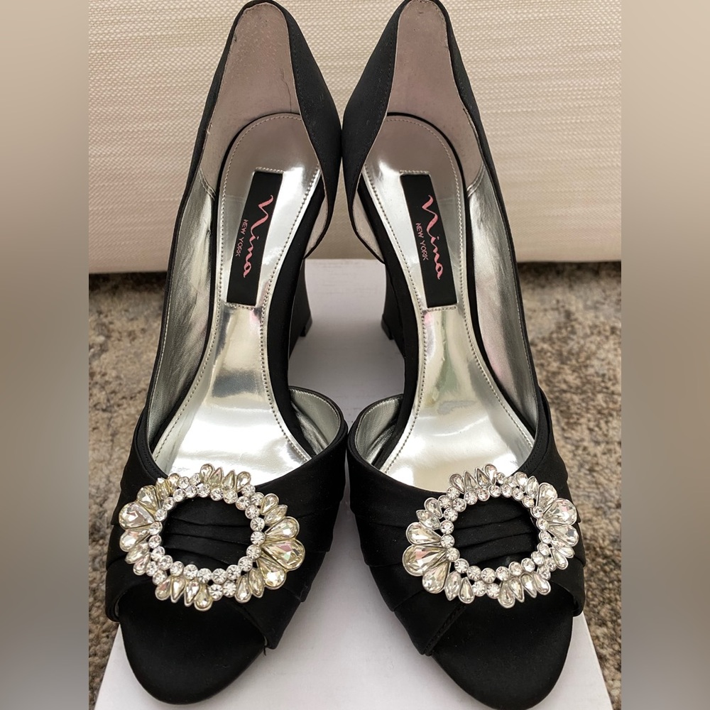 Black satin wedge sandals with rhinestone embellishment